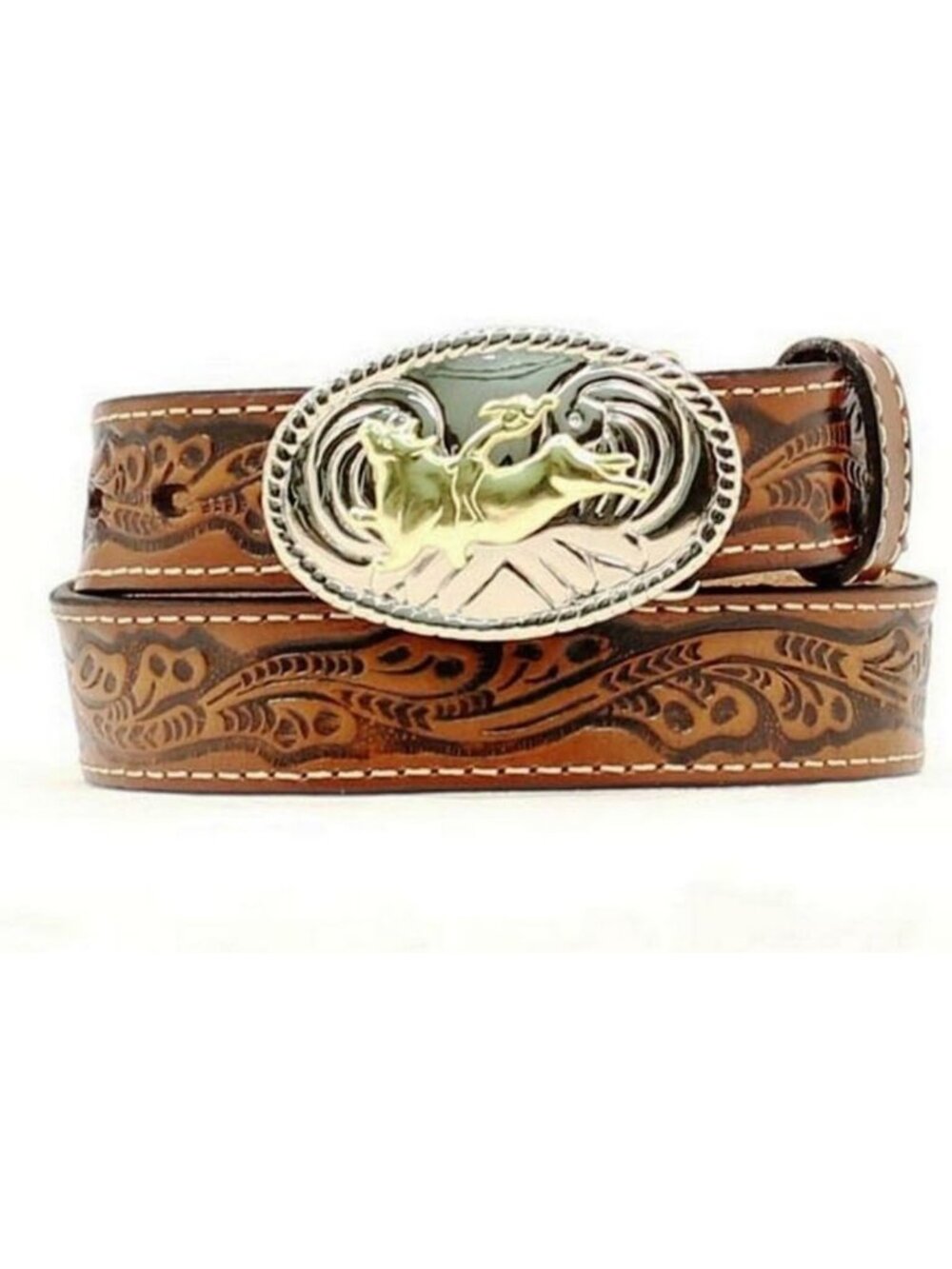 Tooled Bull Rider Floral Leather Belt for Boys with Western Buckle - 1.25